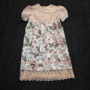 Vintage Girls Dress 7/8 Floral Lace Puff Sleeve Prairie Victorian